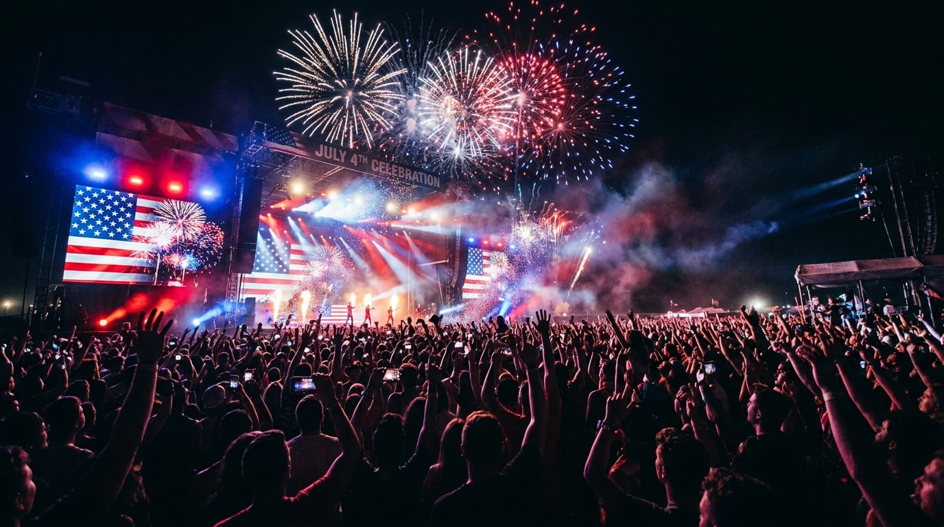 Excited concert crowd with fireworks for July 4th Weekend celebration