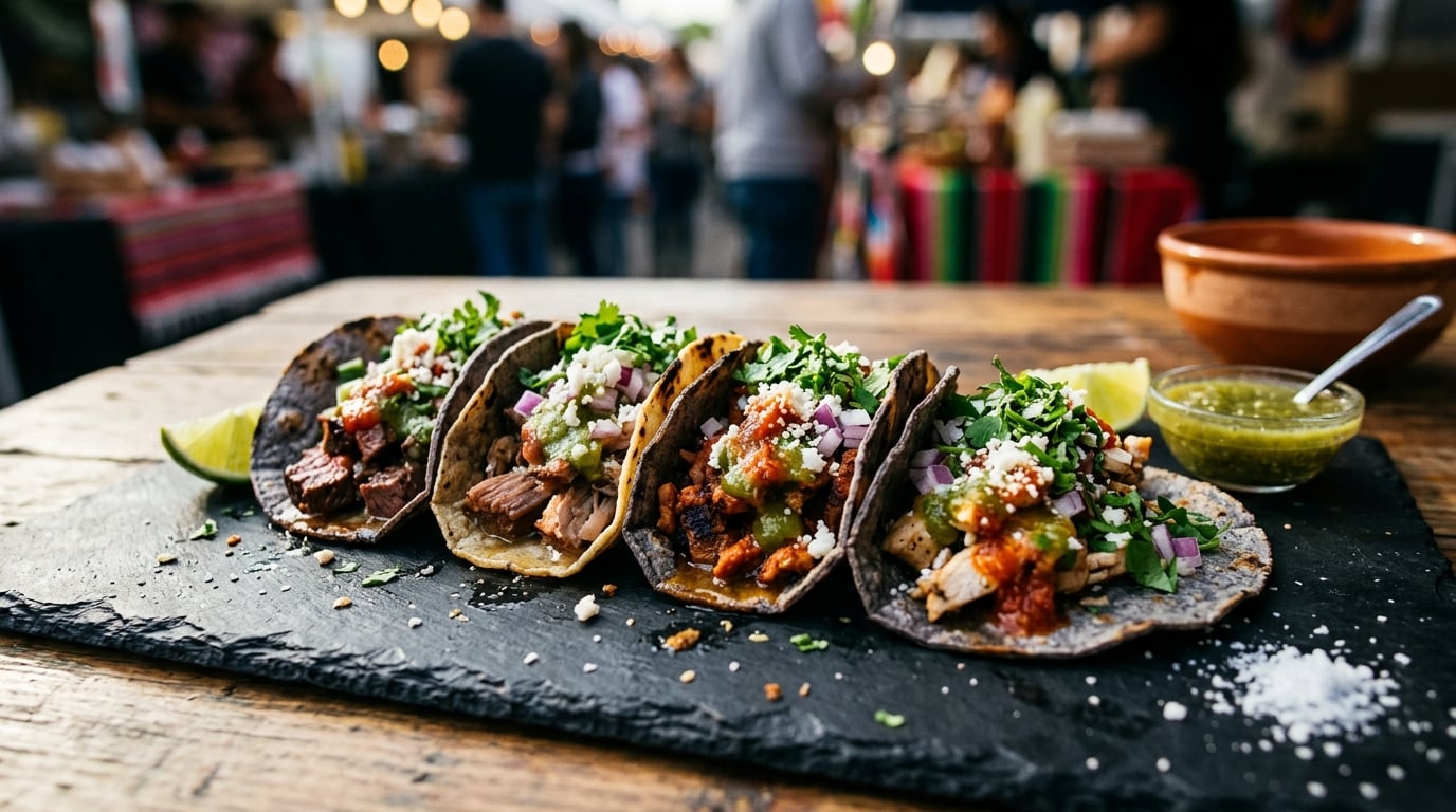 Gourmet taco bar with fresh toppings and delicious street tacos