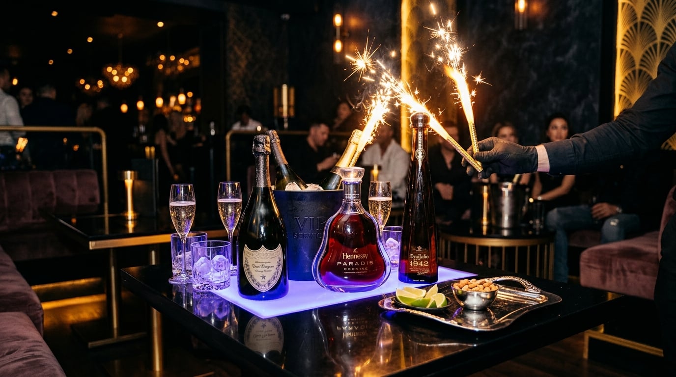 Premium bottle service with champagne and cognac bottles in VIP setting